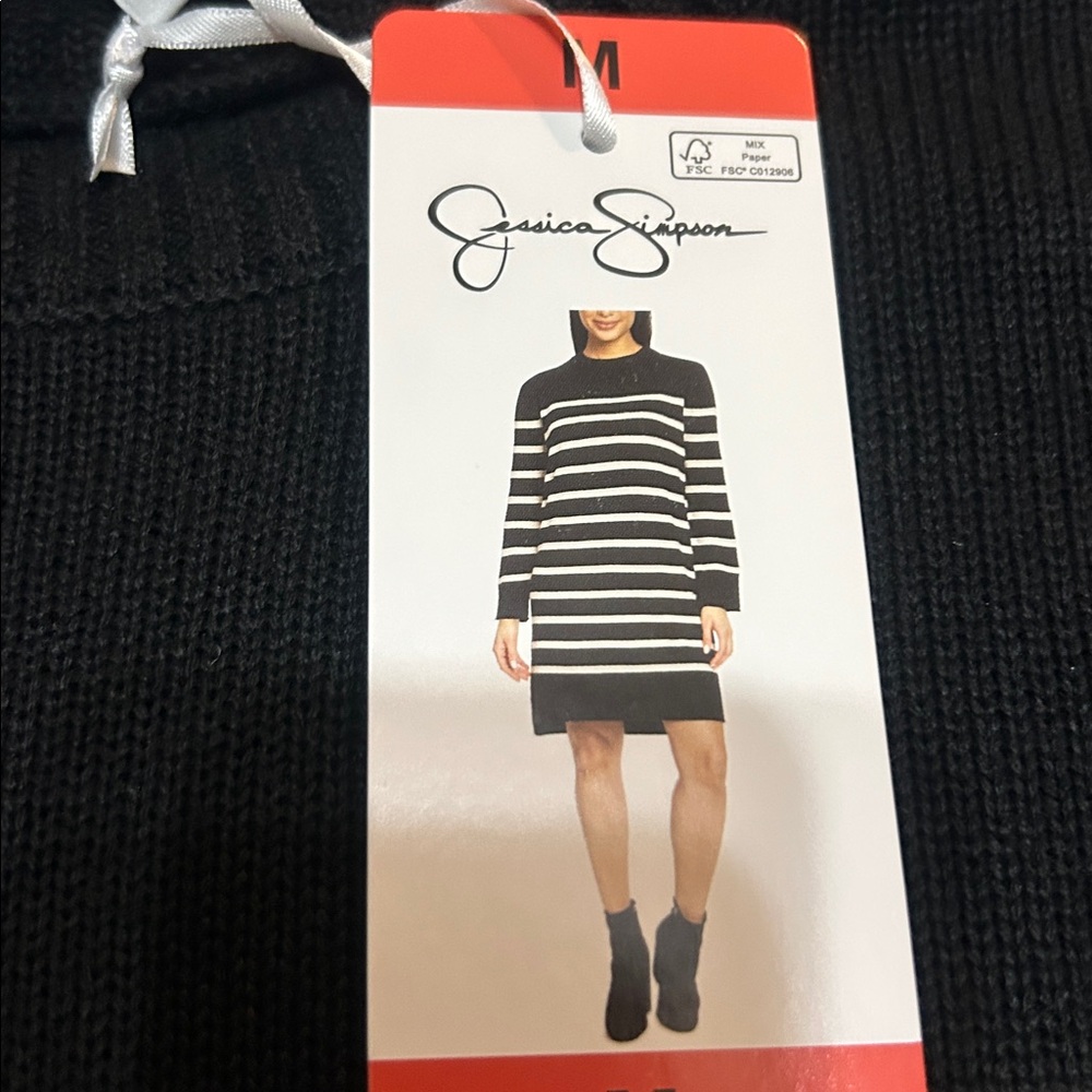 Jessica Simpson Black and Cream Striped  Sweater Dress M NWT